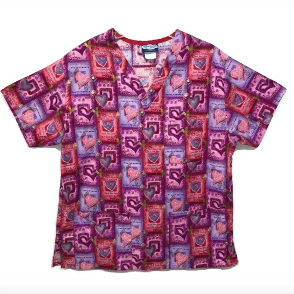 Comfy Cotton Gold Pink Hearts Sz Large Scrub Shirt